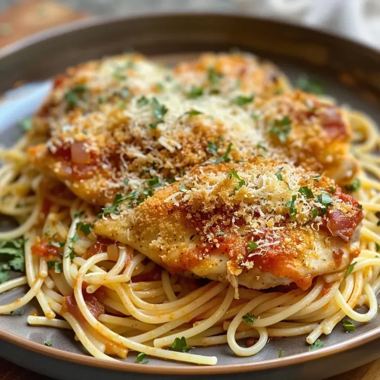 Close-up view of Chicken Parmesan Pasta with chicken and cheese.