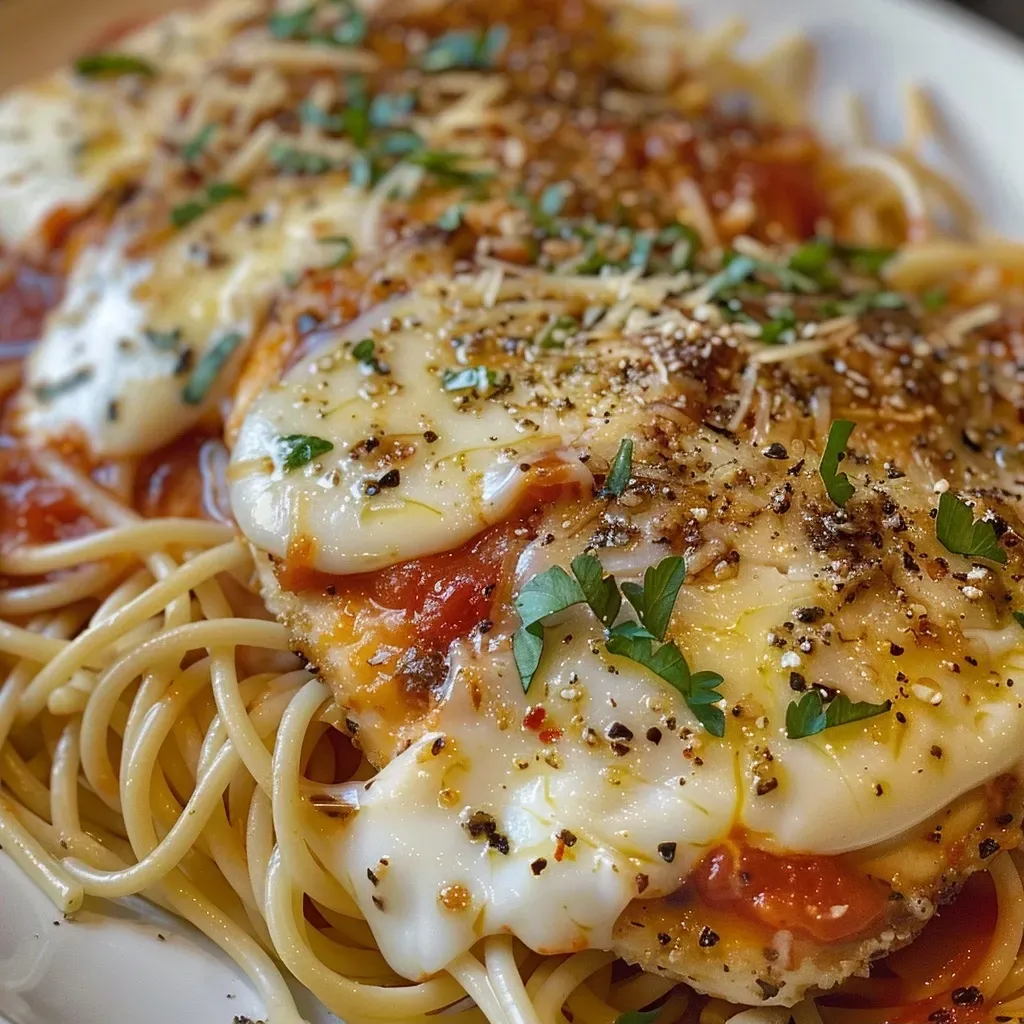 Side view of a plate filled with Chicken Parmesan Pasta, garnished with fresh basil.