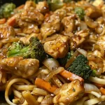 Close-up view of a bowl of Chicken Teriyaki Noodles with vibrant broccoli and carrots.