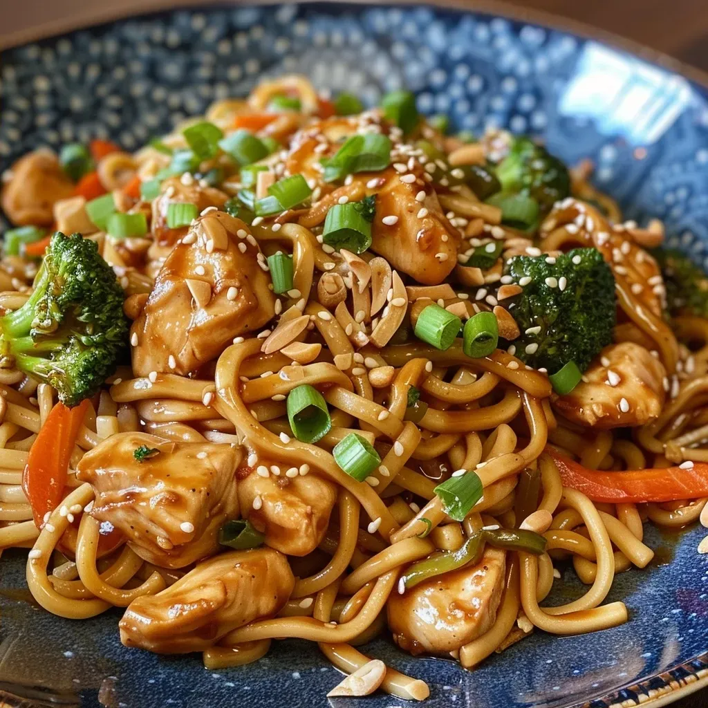Side view of a colorful Chicken Teriyaki Noodle dish featuring juicy chicken and fresh vegetables.