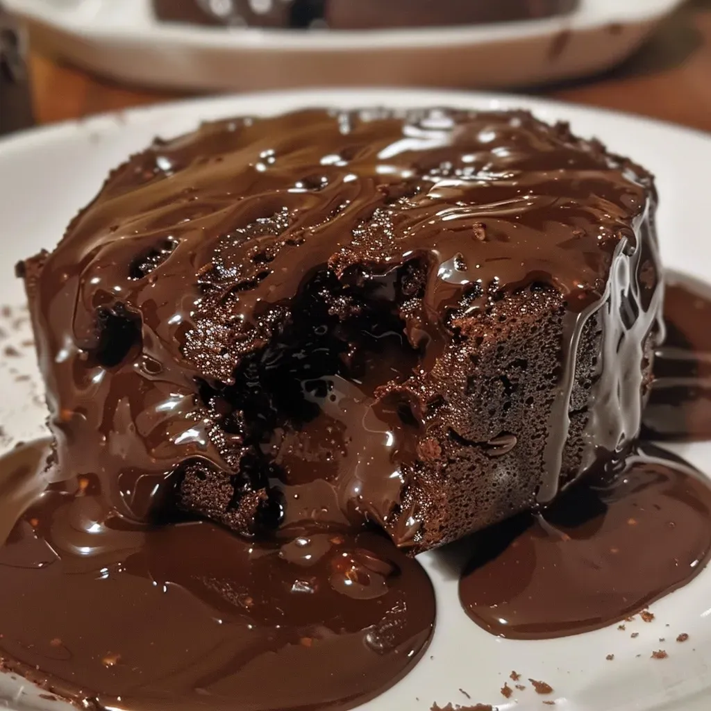 Side view of a decadent chocolate lava cake, oozing rich chocolate filling.