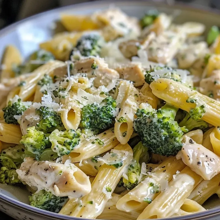 A Heartwarming Bowl of Creamy Broccoli Chicken Pasta to Cherish Close-up view of creamy broccoli chicken pasta with colorful ingredients.