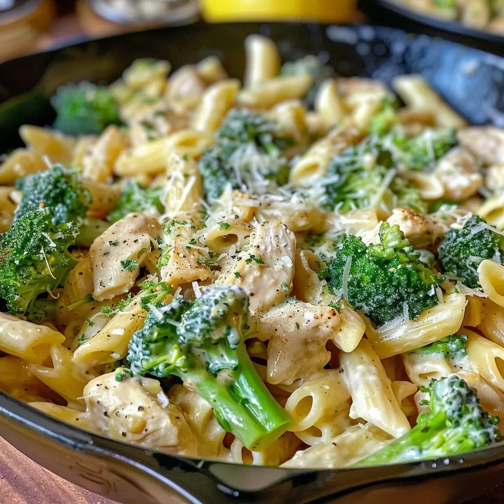 Side view of a delicious bowl of creamy pasta featuring broccoli and chicken.