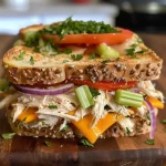 Close-up view of a Crispy Chicken Melt sandwich with melted cheese and fresh vegetables.