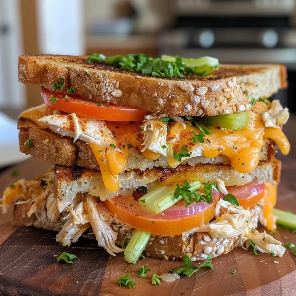 Side angle of a Crispy Chicken Melt, showcasing shredded chicken, cheese, and tomato slices.