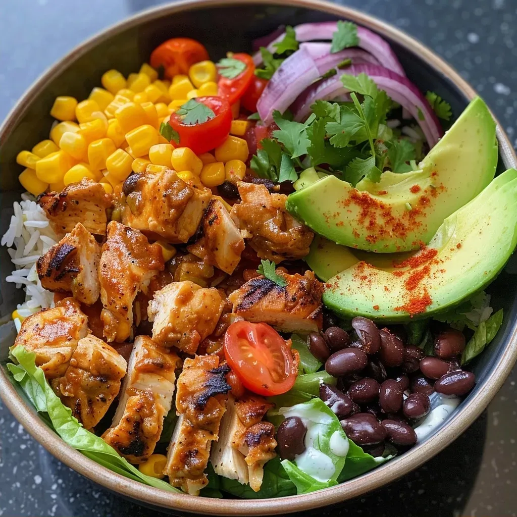Side view of a vibrant chicken taco rice bowl featuring beans, corn, and avocado.
