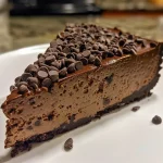 Close-up of a rich chocolate protein cheesecake with a glossy top and chocolate cookie crust.