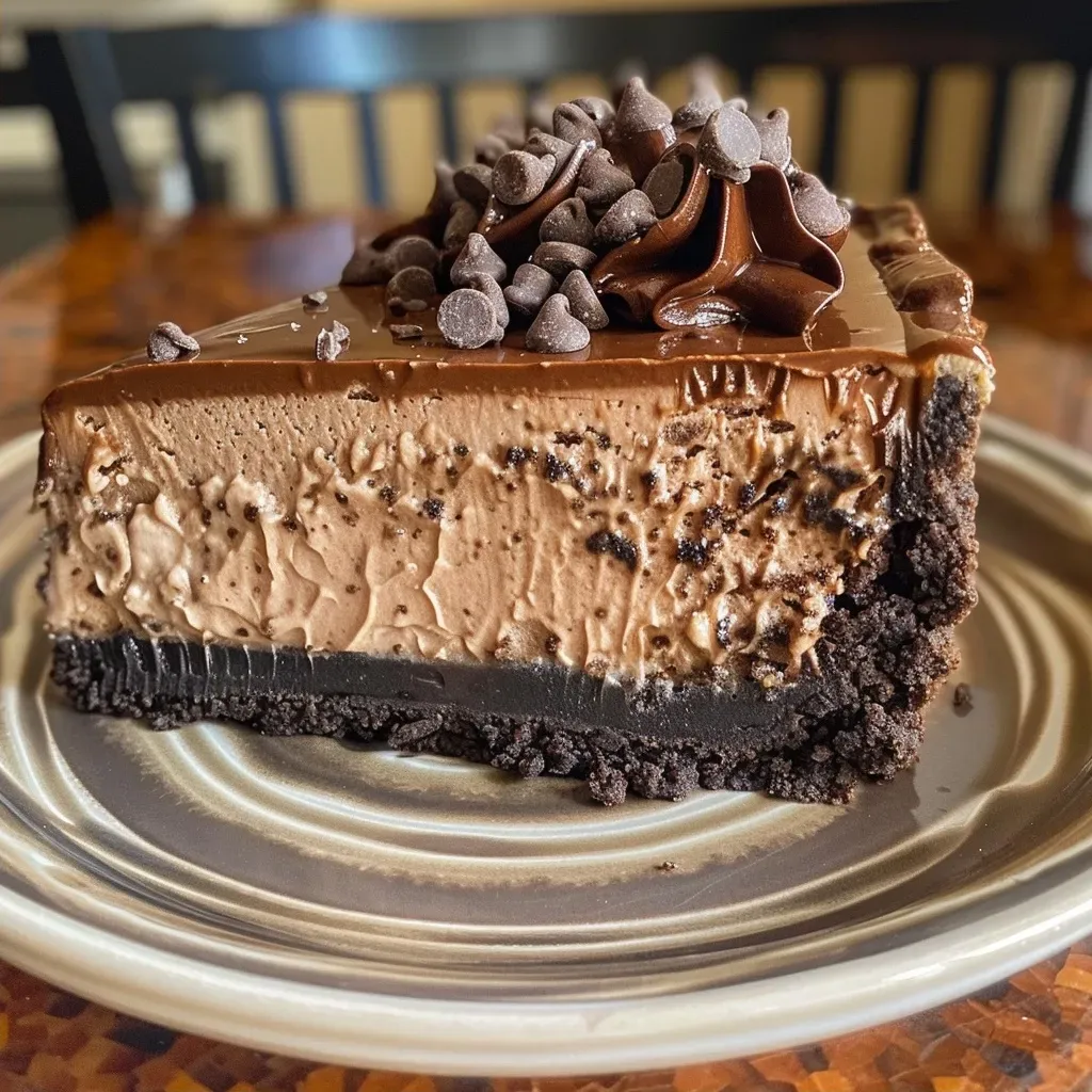 Side view of a decadent dessert featuring smooth chocolate cheesecake and cookie base.