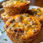 Close-up view of a juicy sausage muffin with melted cheese, showcasing a golden brown crust.