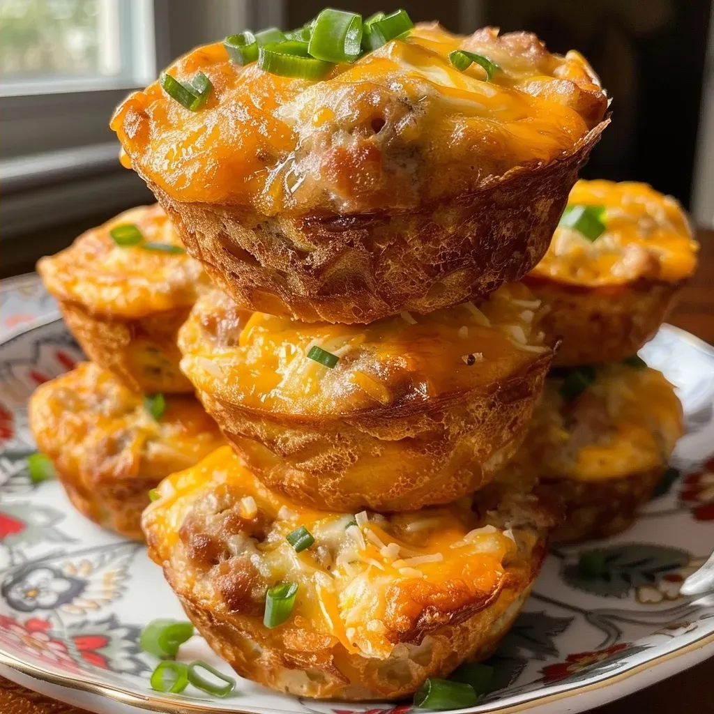 Side view of a freshly baked Easy Sausage Muffin with visible sausage and cheese layers.