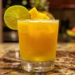 Close-up view of colorful frozen mango and pineapple mocktails in clear glasses.