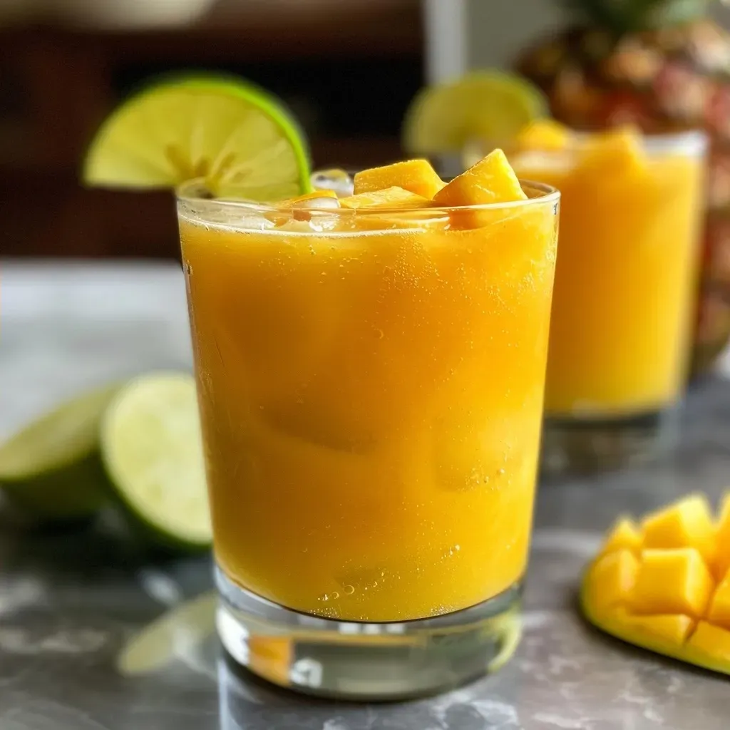 Side view of refreshing mocktails made with mango and pineapple, garnished with lime.
