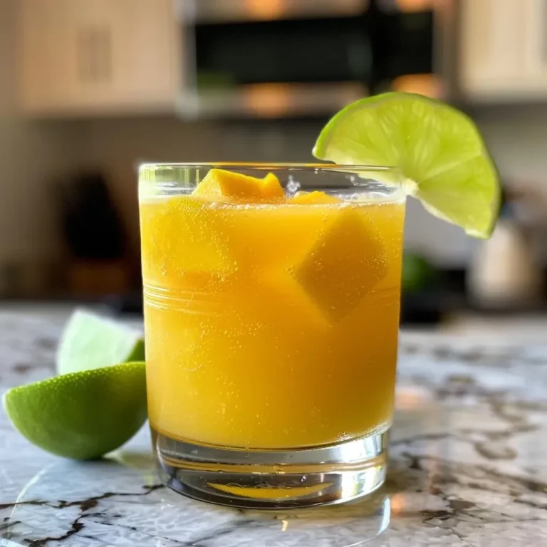 Sipping Sunshine: The Mocktail That Brings Tropical Bliss to Your Table Close-up of a vibrant Frozen Mango Margarita Mocktail with lime wedges on the rim.