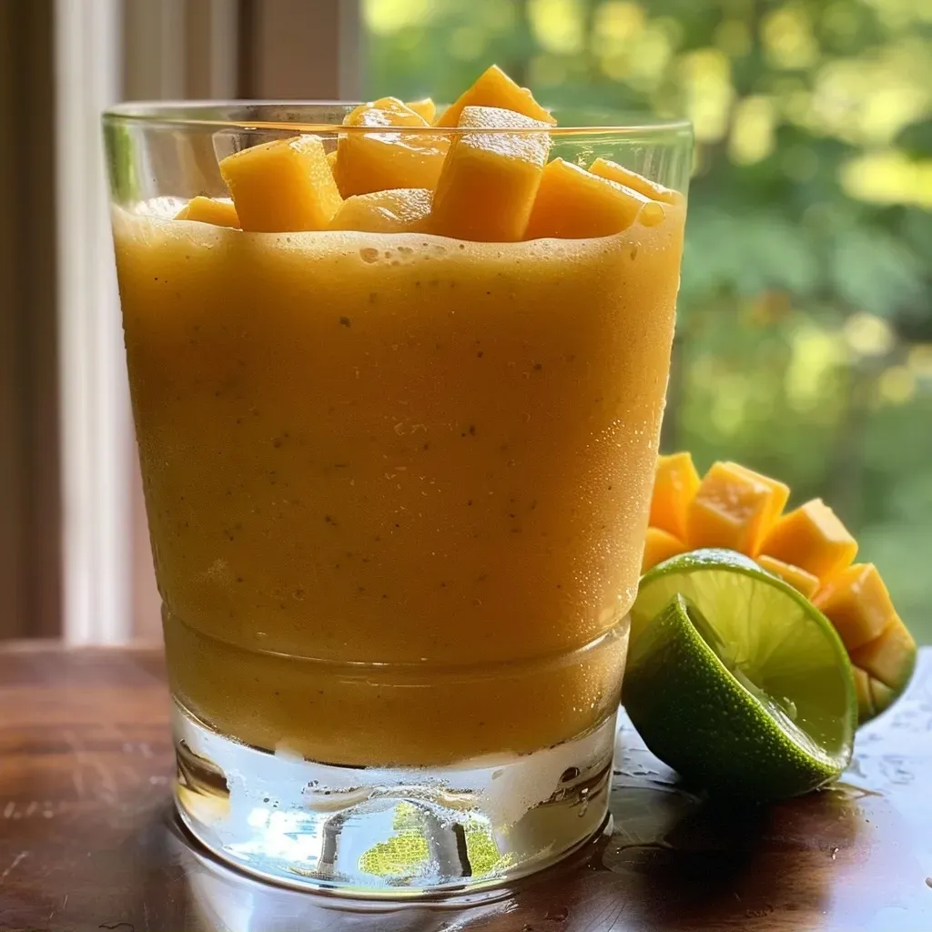 Side view of a delicious Frozen Mango Margarita Mocktail with ice and fresh mango pieces.