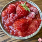 A refreshing glass of frozen strawberry lemonade with a frosty texture and fruit garnish.