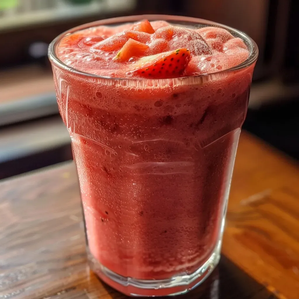 Close-up view of a vibrant frozen strawberry lemonade, showcasing icy slush and fresh strawberries.