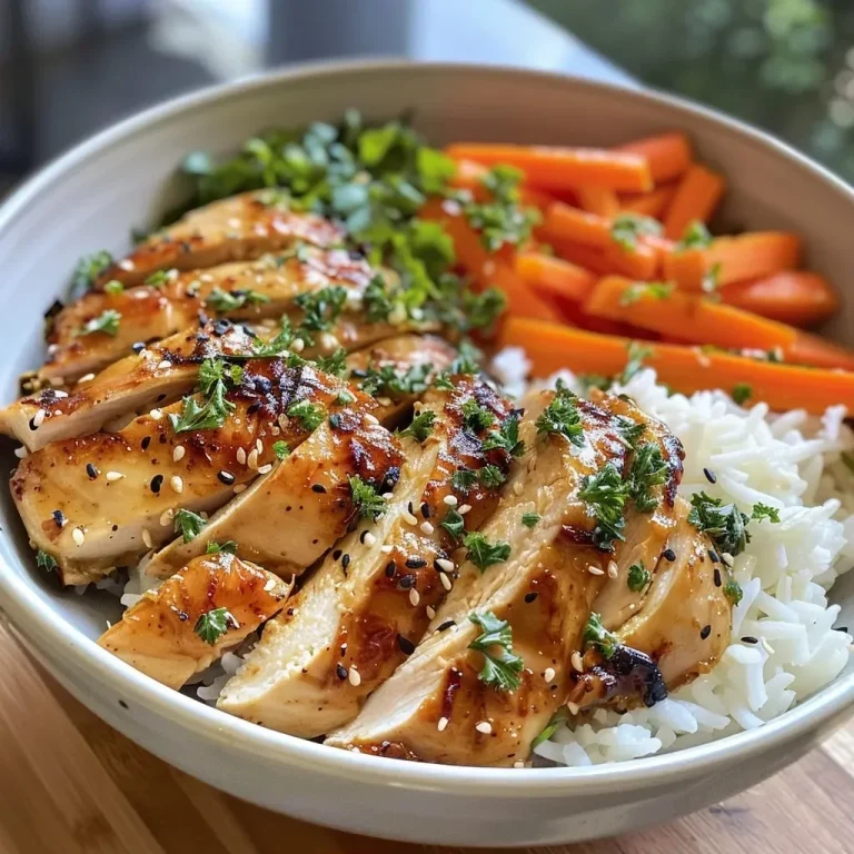 A close-up view of a Garlic Butter Chicken Bowl with roasted carrots and rice.