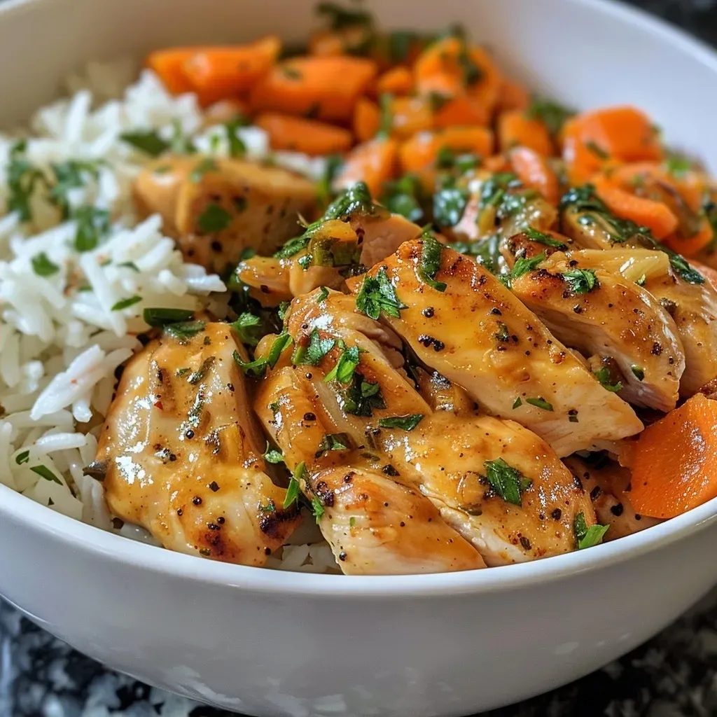 Juicy sliced chicken breast topped with garlic butter, served with rice and carrots.