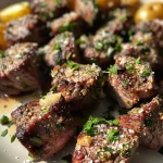 Close-up side view of juicy garlic Parmesan steak bites served with creamy mashed potatoes.
