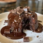 A close-up view of a homemade vegan chocolate lava cake, showing the gooey chocolate center.