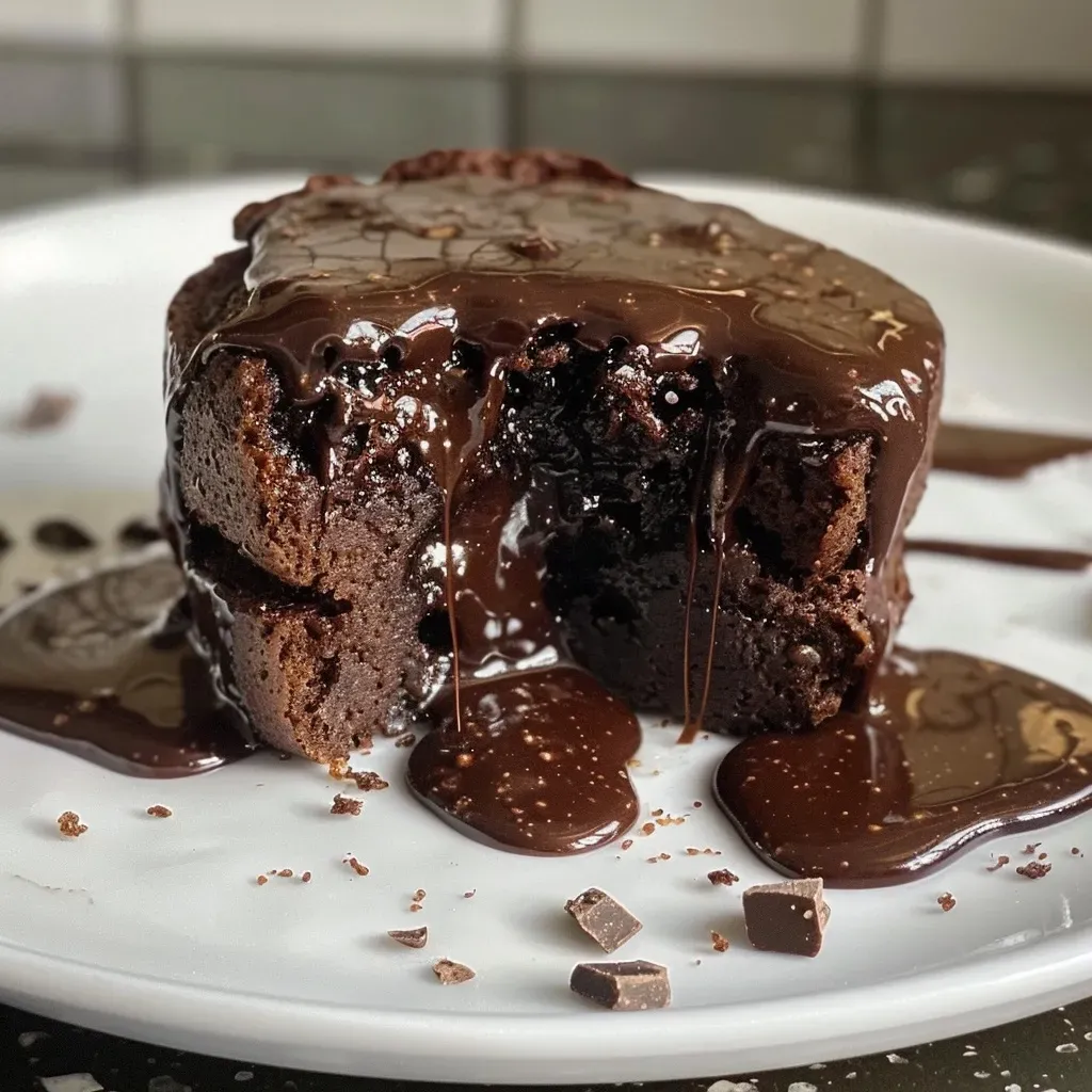 A side view of a healthy chocolate lava cake with a molten interior, served on a white plate.