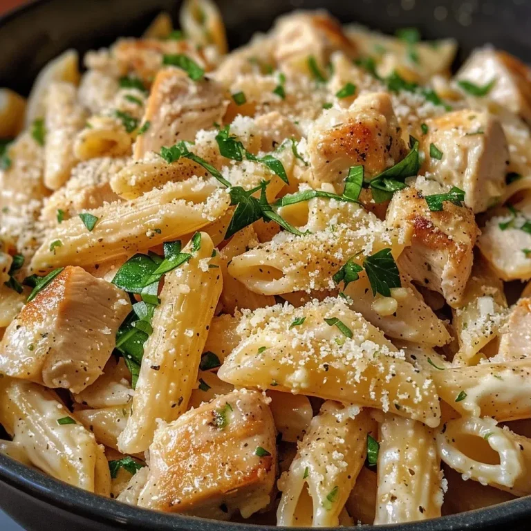 Close-up view of Healthy Garlic Parmesan Chicken Pasta with vibrant green spinach.
