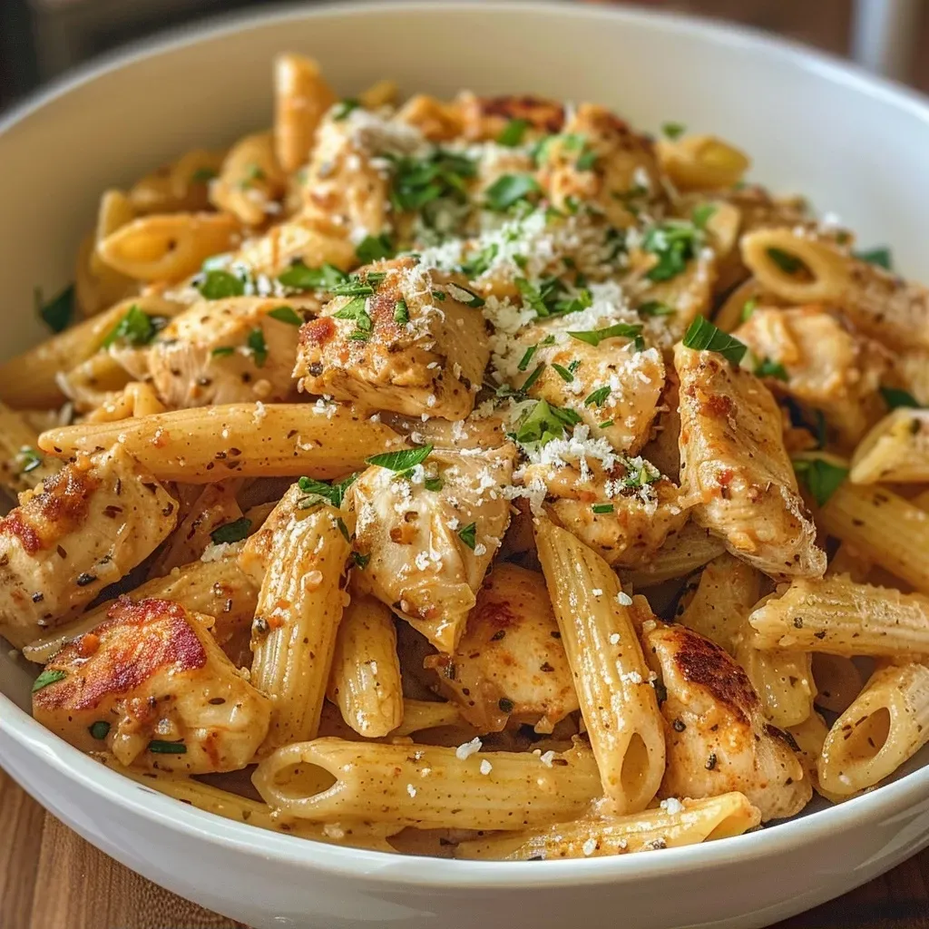 Juicy chicken and whole wheat pasta in a creamy garlic Parmesan sauce.
