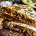 Juicy beef quesadilla filled with melted cheese, surrounded by fresh ingredients.