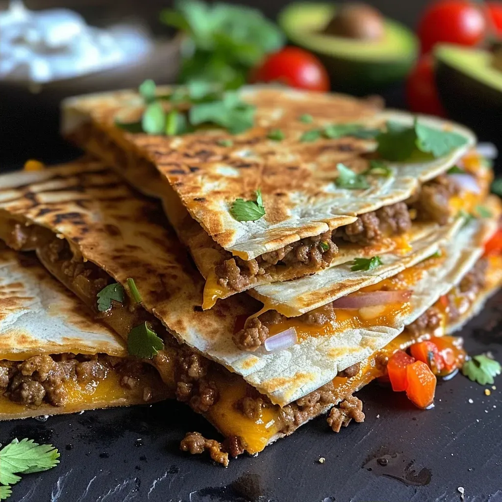 Close-up of a high protein beef quesadilla, showcasing its crunchy exterior and rich filling.