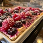 Close-up of a high protein berry bake, showcasing juicy mixed berries on top.