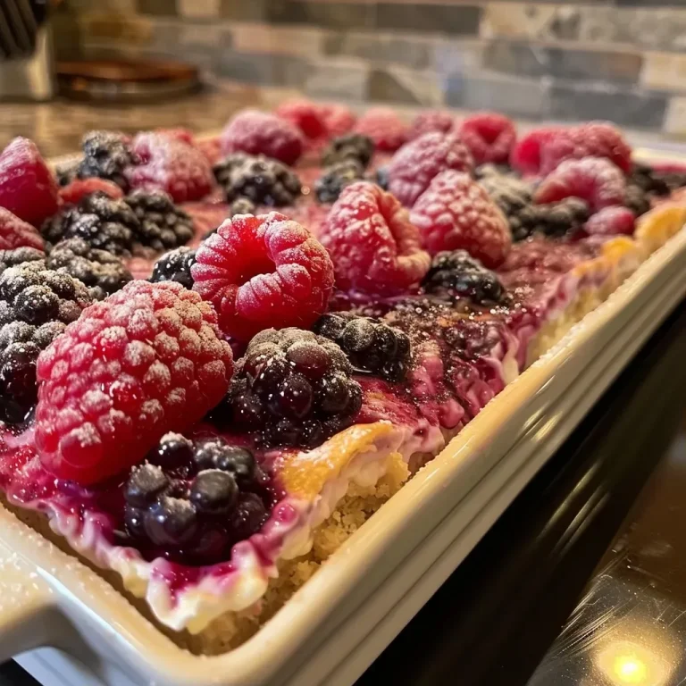 A Heartfelt Bake: Nourishing Berry Delight for Every Gathering Close-up of a high protein berry bake, showcasing juicy mixed berries on top.