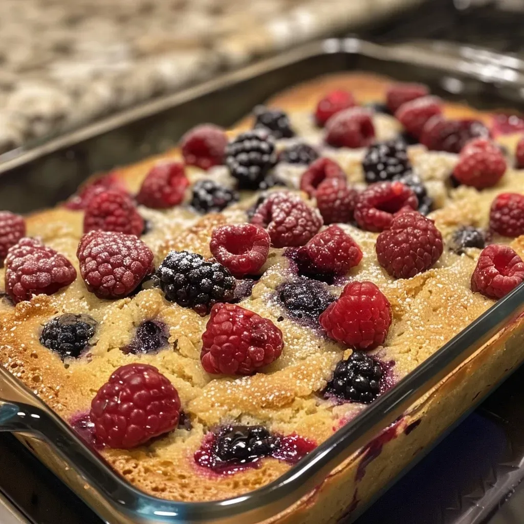Side view of a golden-brown berry bake, highlighting its fluffy texture and colorful fruit.