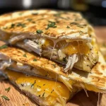 Close-up view of a golden, crispy chicken ranch quesadilla with melted cheese and shredded chicken.
