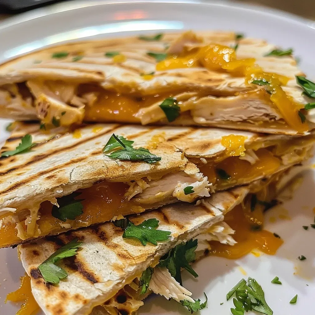 Side angle of a high-protein chicken quesadilla, showcasing its filling and golden-brown tortilla.