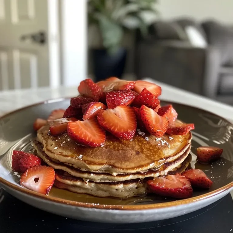 Close-up view of fluffy high-protein strawberry pancakes topped with fresh strawberries.