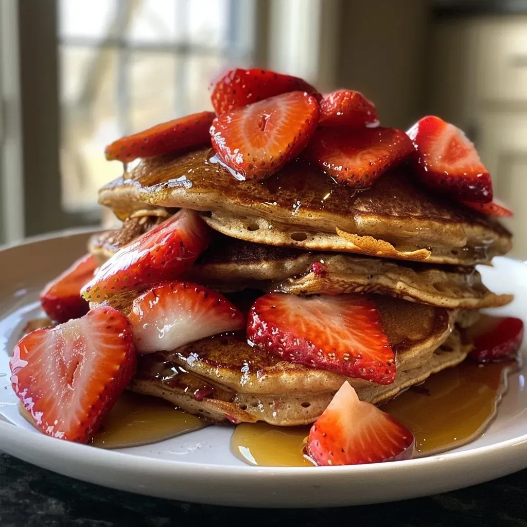 Side view of delicious strawberry pancakes, showcasing their texture and vibrant fruit topping.
