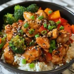 Close-up of a juicy Honey Garlic Chicken Rice Bowl with colorful vegetables.
