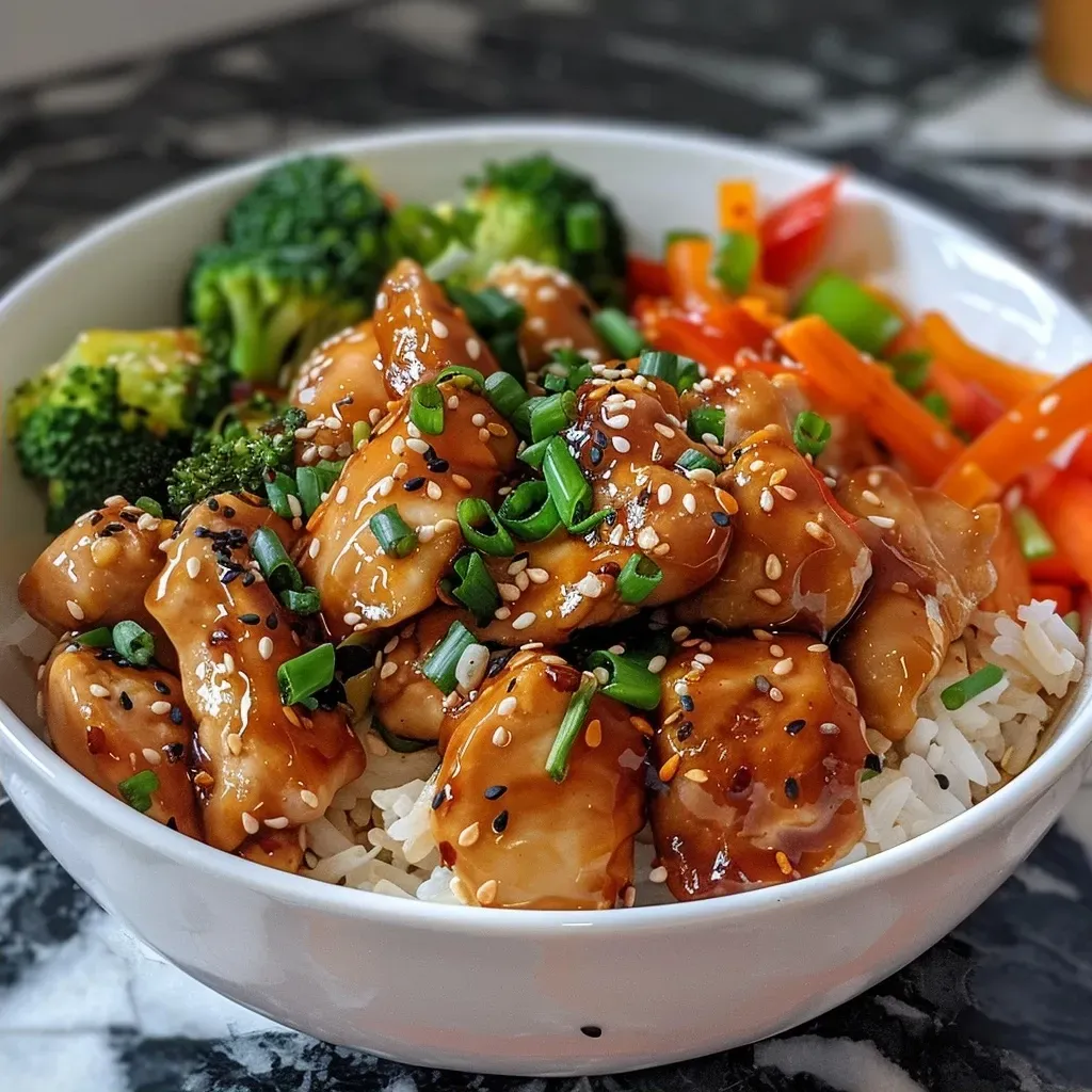 Side view of a delicious chicken rice bowl topped with honey garlic sauce and fresh veggies.