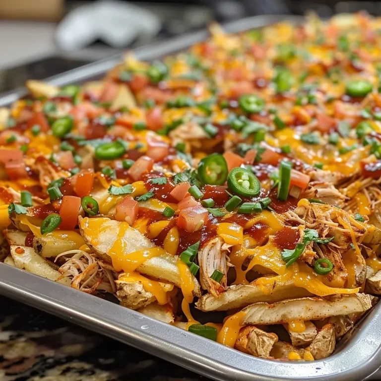Close-up view of loaded sheet pan nacho fries topped with BBQ chicken, cheese, and jalapeños.