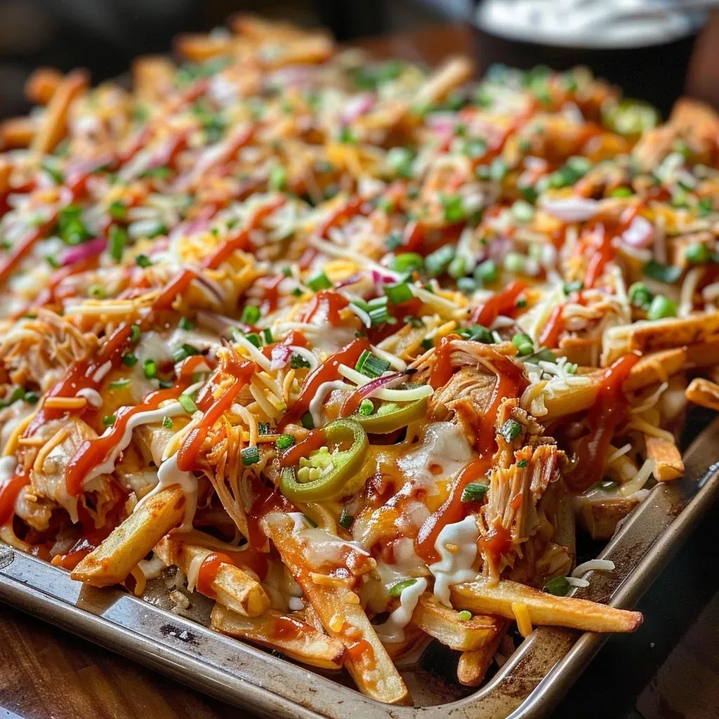 Juicy BBQ chicken nacho fries on a sheet pan, garnished with green onions and cilantro.