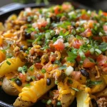 Close-up of low-calorie loaded nacho fries topped with ground turkey, cheese, and fresh toppings.