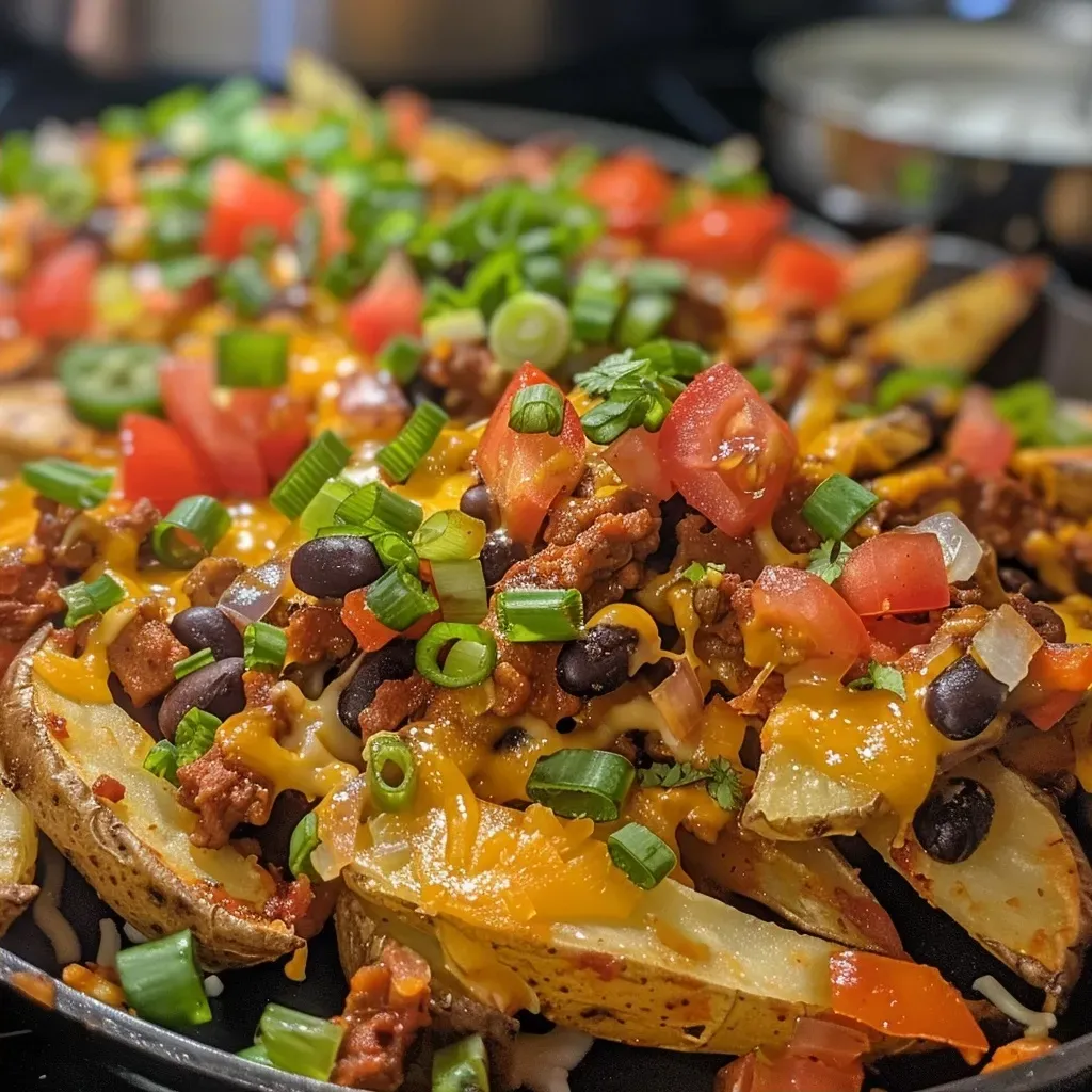 Side view of golden brown nacho fries garnished with diced tomatoes and green onions.