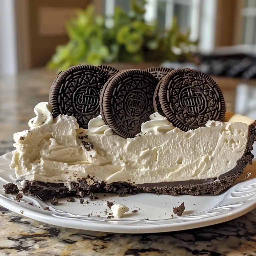 Side view of a creamy No Bake Oreo Cheesecake with Oreo cookie garnish.