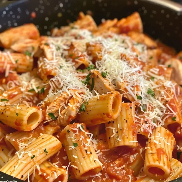 A Heartwarming One Pot Chicken Parmesan Pasta That Unites the Table Close-up of a bowl featuring One Pot Chicken Parmesan Pasta with melted cheese.