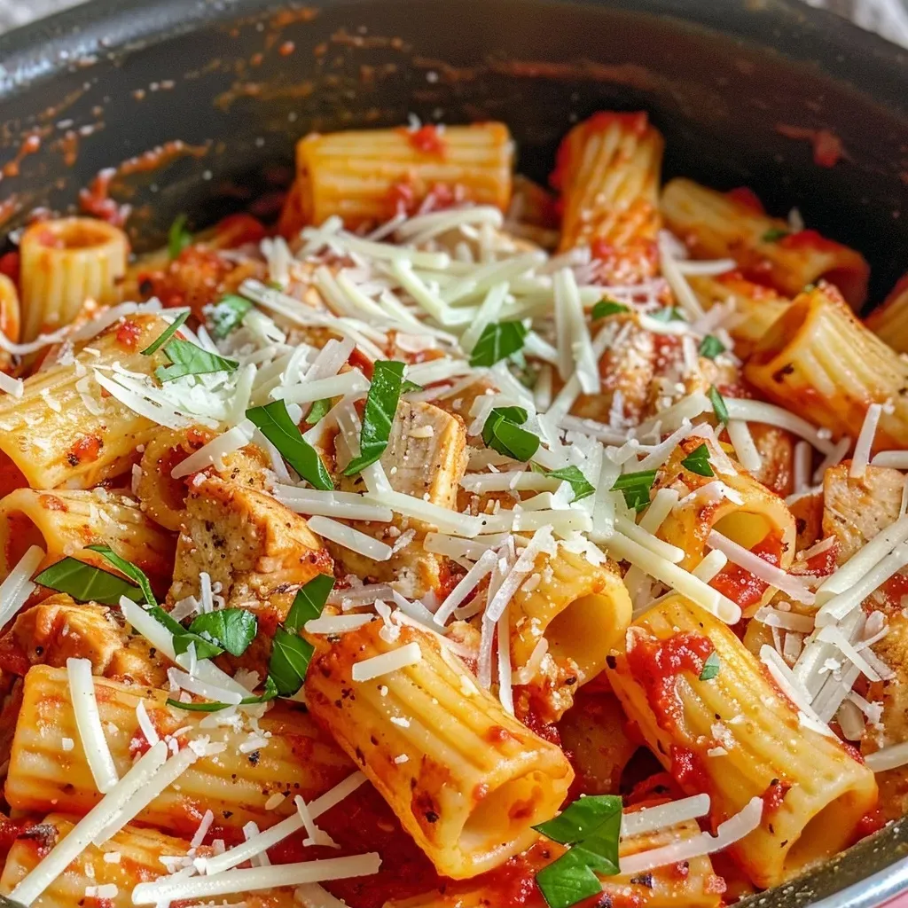 Side view of One Pot Chicken Parmesan Pasta showcasing ingredients like chicken and marinara sauce.