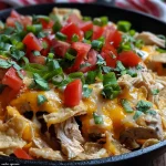 A close-up side view of One Skillet Cheesy Chicken Nacho Supreme with vibrant colors from chicken, peppers, and cheese.