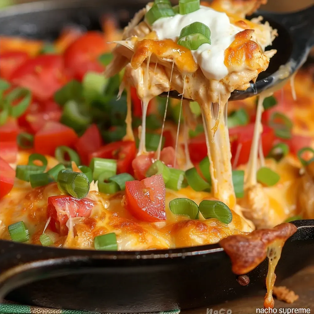 A mouthwatering dish of One Skillet Cheesy Chicken Nacho Supreme, featuring melted cheese, diced tomatoes, and colorful bell peppers.