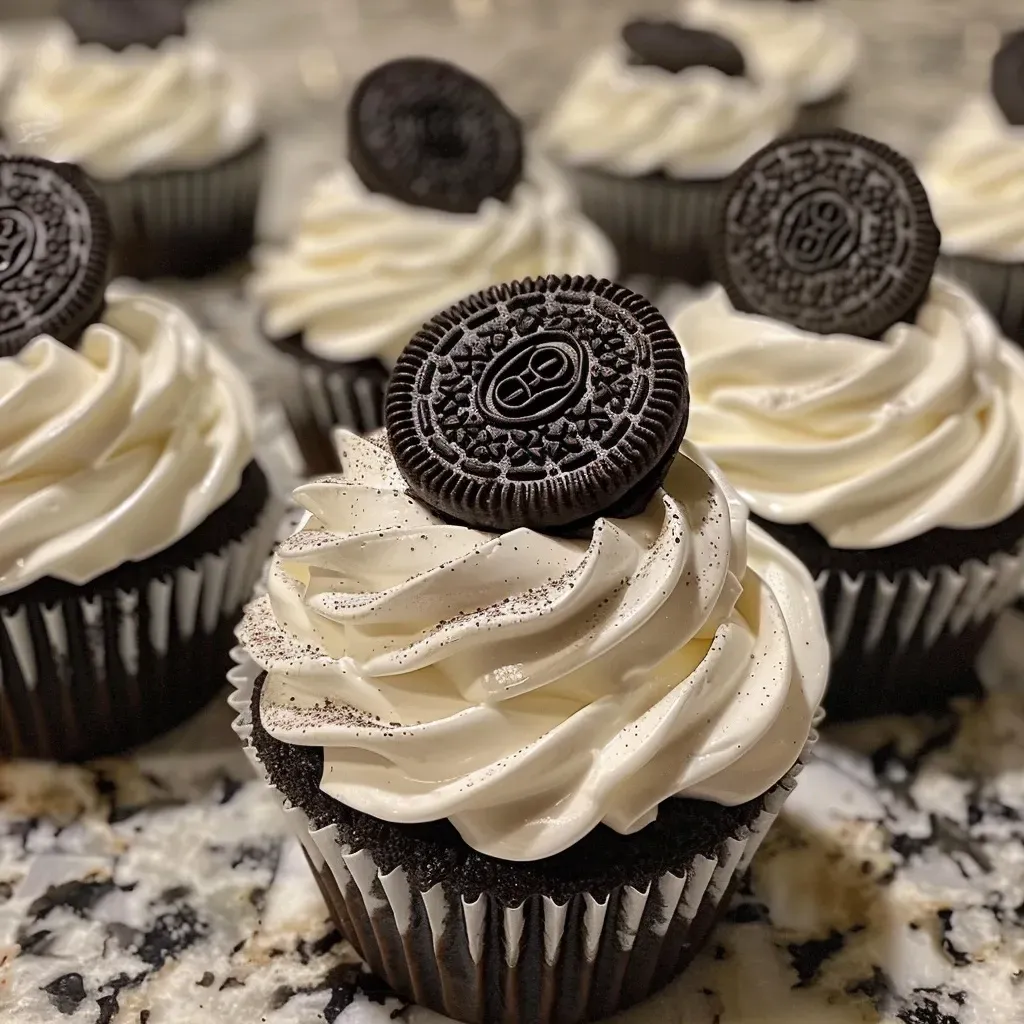Side view of delicious Oreo cheesecake layered in transparent cups, topped with cookie crumbs.