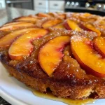 Close-up side view of a Peach & Vanilla Upside Down Cake with juicy peaches on top.