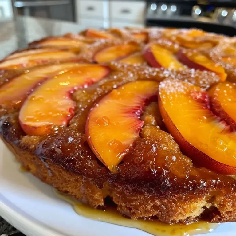 Close-up side view of a Peach & Vanilla Upside Down Cake with juicy peaches on top.